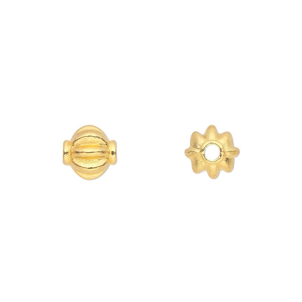  gold jewelry findings on a plain white background, showing a round ribbed bead 