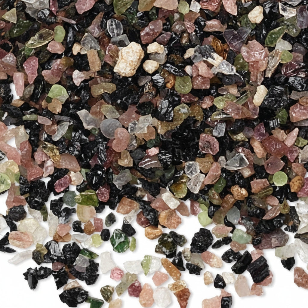 Multicolored gemstones on a white background