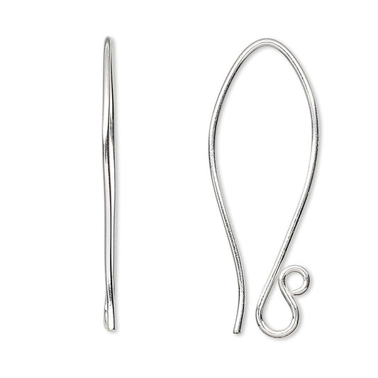 Sterling Silver Folded Fishhook Ear Wires 35mm 19 Gauge with Open Loop — 1 Pair