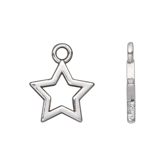 silver star-shaped jewelry charm with a top loop, shown from both a front-facing perspective and a side profile view on a plain white background.