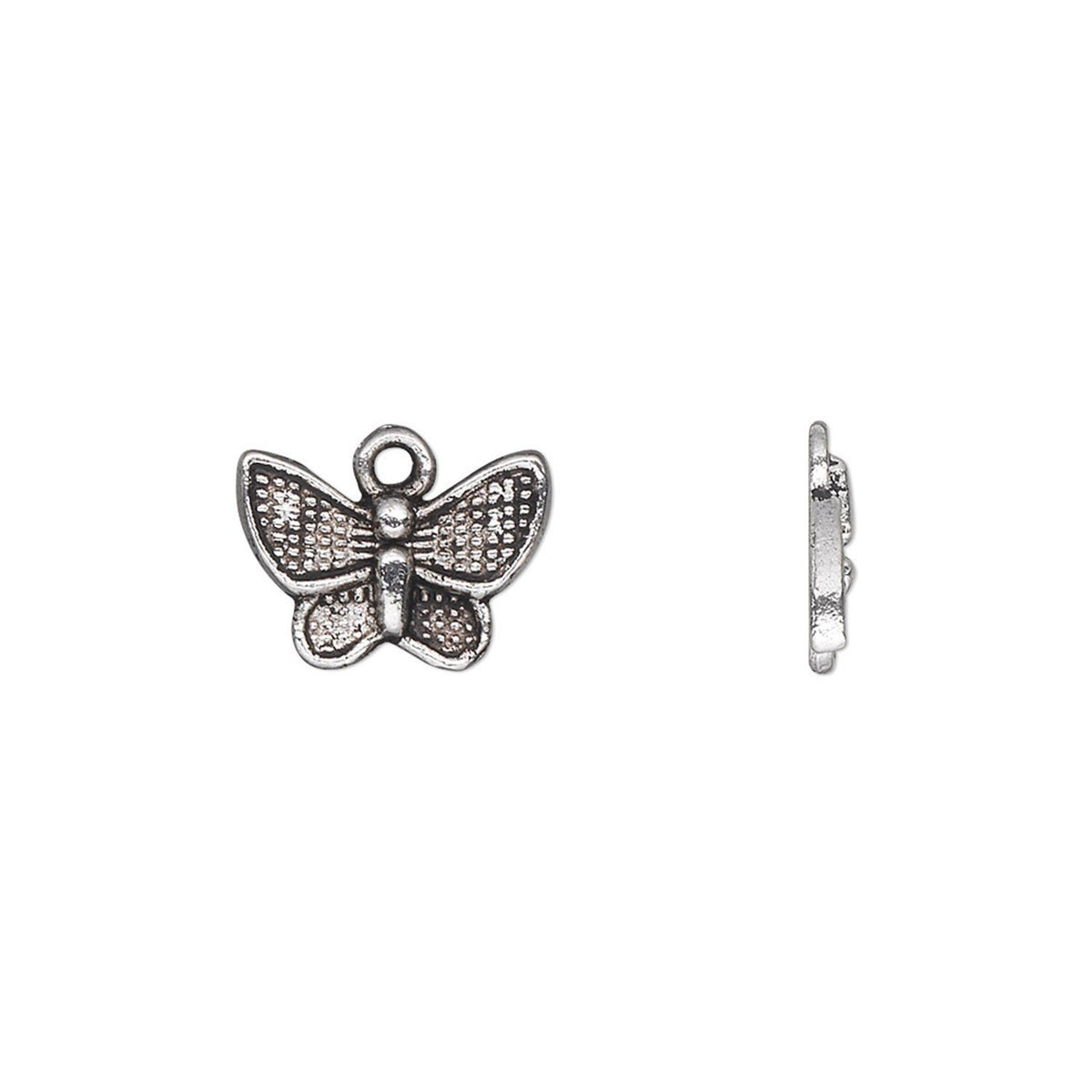 Silver butterfly-shaped jewelry charm with textured wings, shown from the front and side on a plain white background.