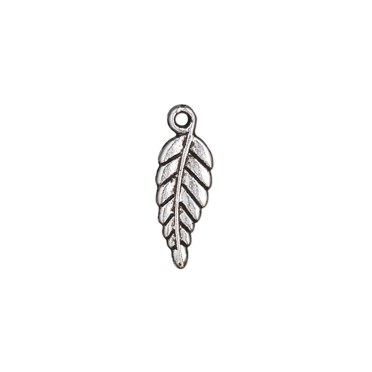 A single silver-toned metal feather charm with an antiqued finish and a small loop at the top, centered on a plain white background.