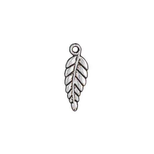 A single silver-toned metal feather charm with an antiqued finish and a small loop at the top, centered on a plain white background.