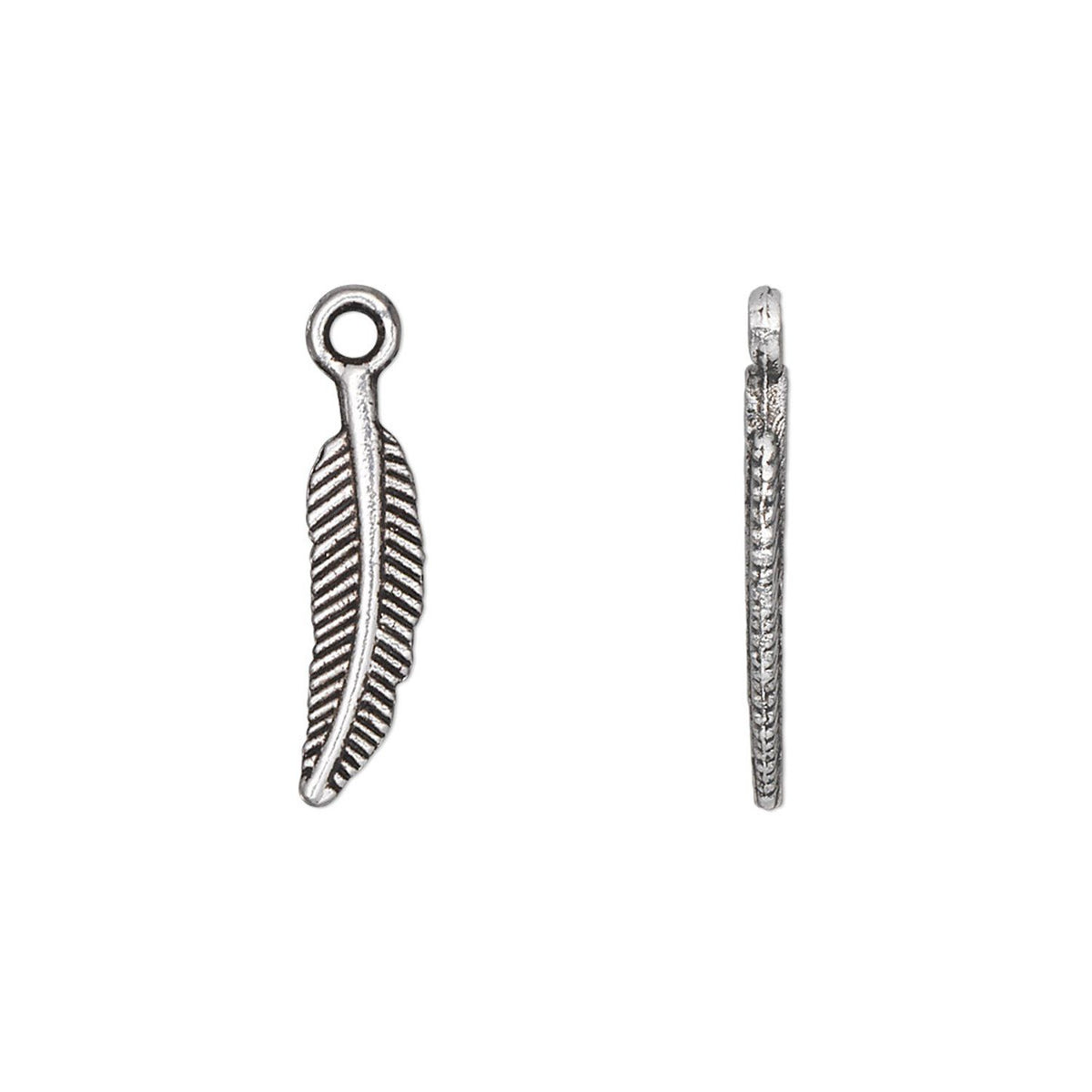 Two silver-toned metal jewelry findings with textured feather and snake-like engraved details, shown on a plain white background.