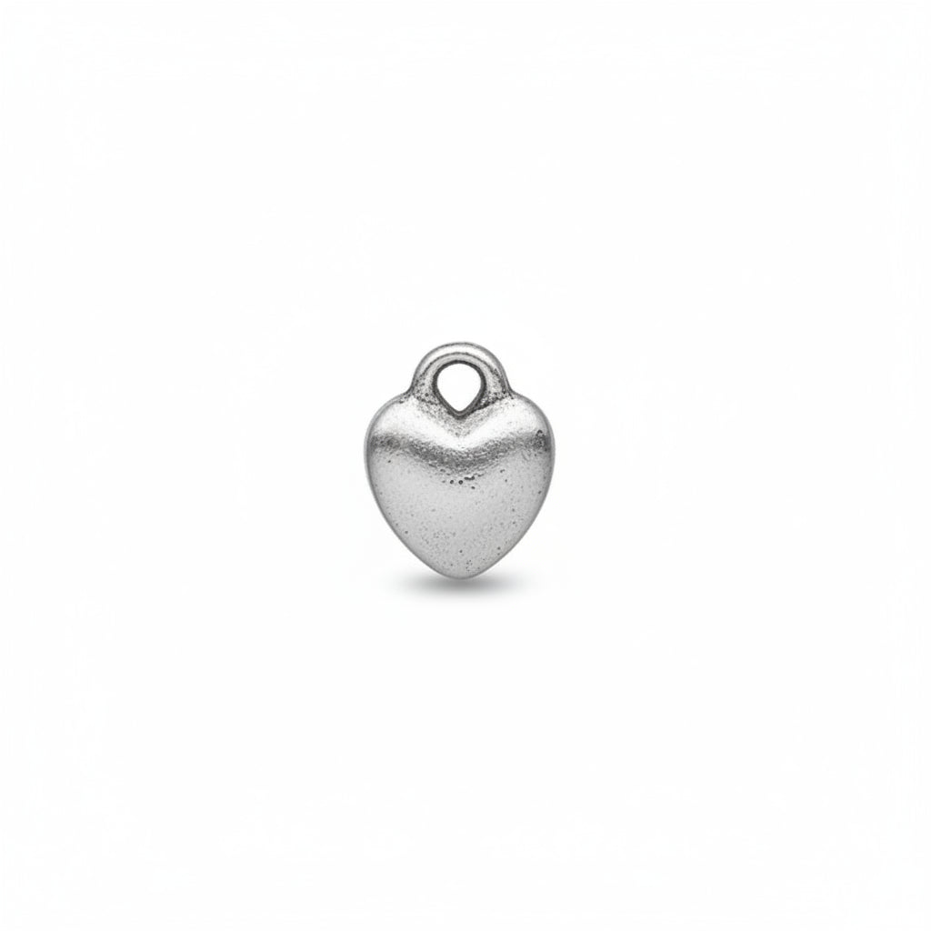 A small silver heart-shaped charm with a textured finish and a top loop, centered on a plain white background.