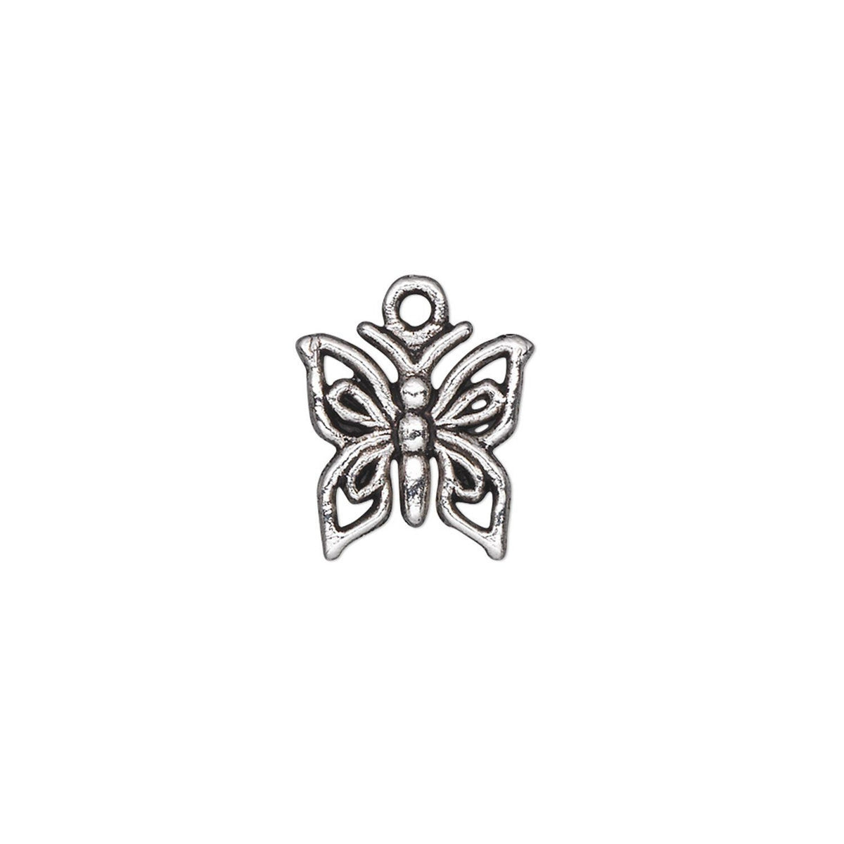 A single silver butterfly-shaped jewelry charm with an openwork design and a top loop, shown on a plain white background.