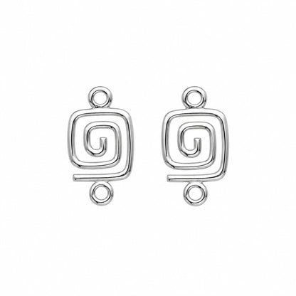 A pair of silver spiral drop earrings with textured edges and circular loops at the top and bottom, shown on a plain white background.