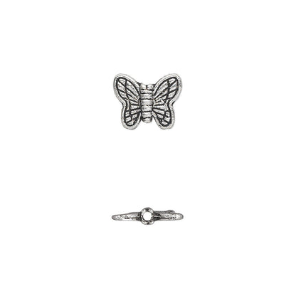 A pair of silver-toned jewelry charms on a plain white background: a butterfly-shaped charm with detailed wing patterns and a small ring charm with a central round clear stone.