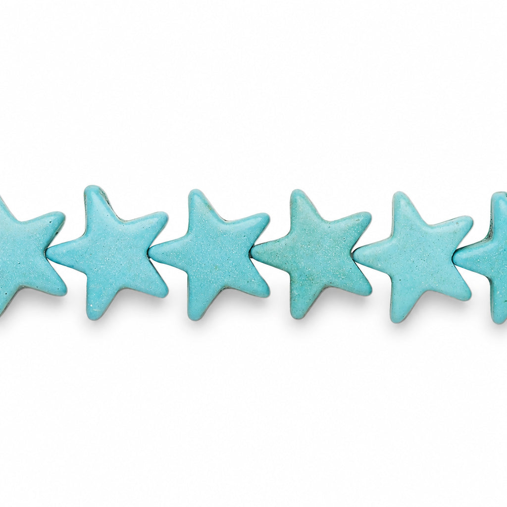 A close-up of a string of turquoise blue star-shaped beads on a plain white background.