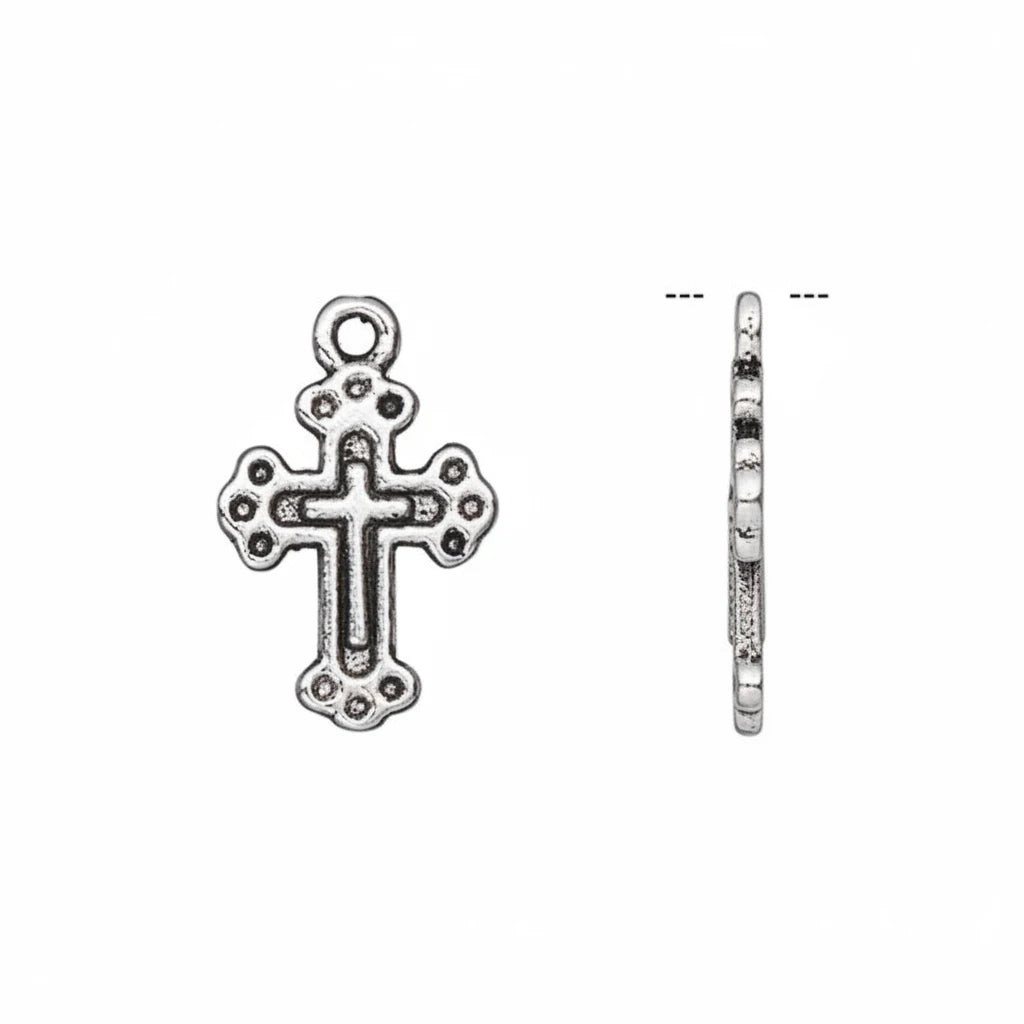 Silver-toned metal cross charm pendant shown from the front and side on a plain white background.
