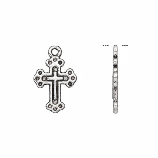 Silver-toned metal cross charm pendant shown from the front and side on a plain white background.