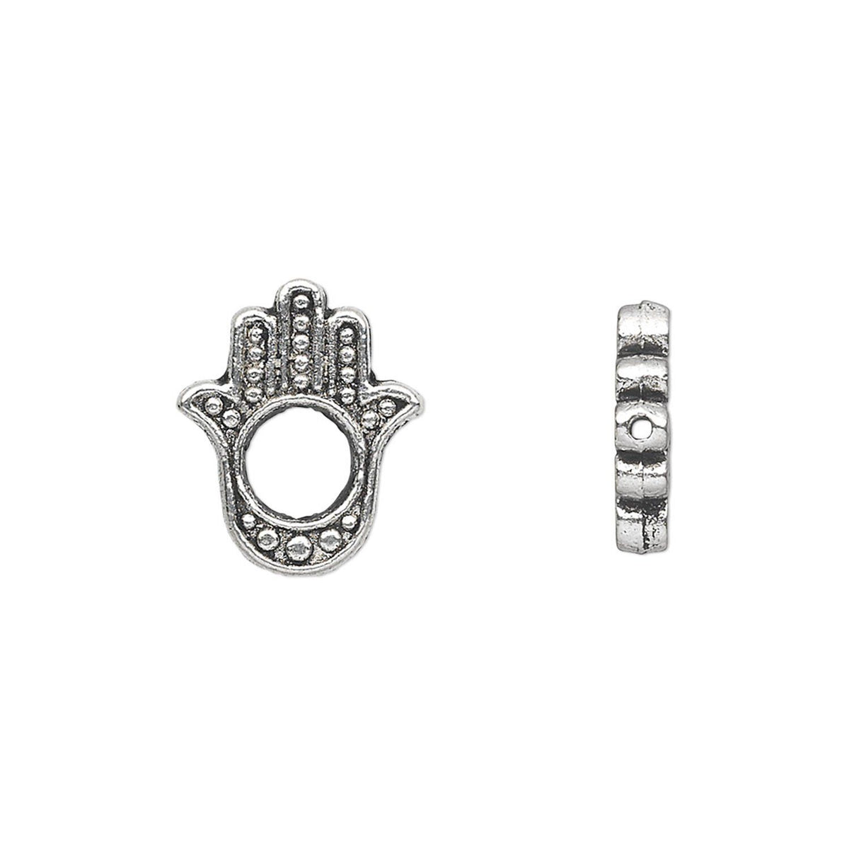 A silver Hamsa hand charm bead shown from two angles: a front view displaying the detailed hand design with small raised dots, and a side profile view showing the thickness and textured edge.