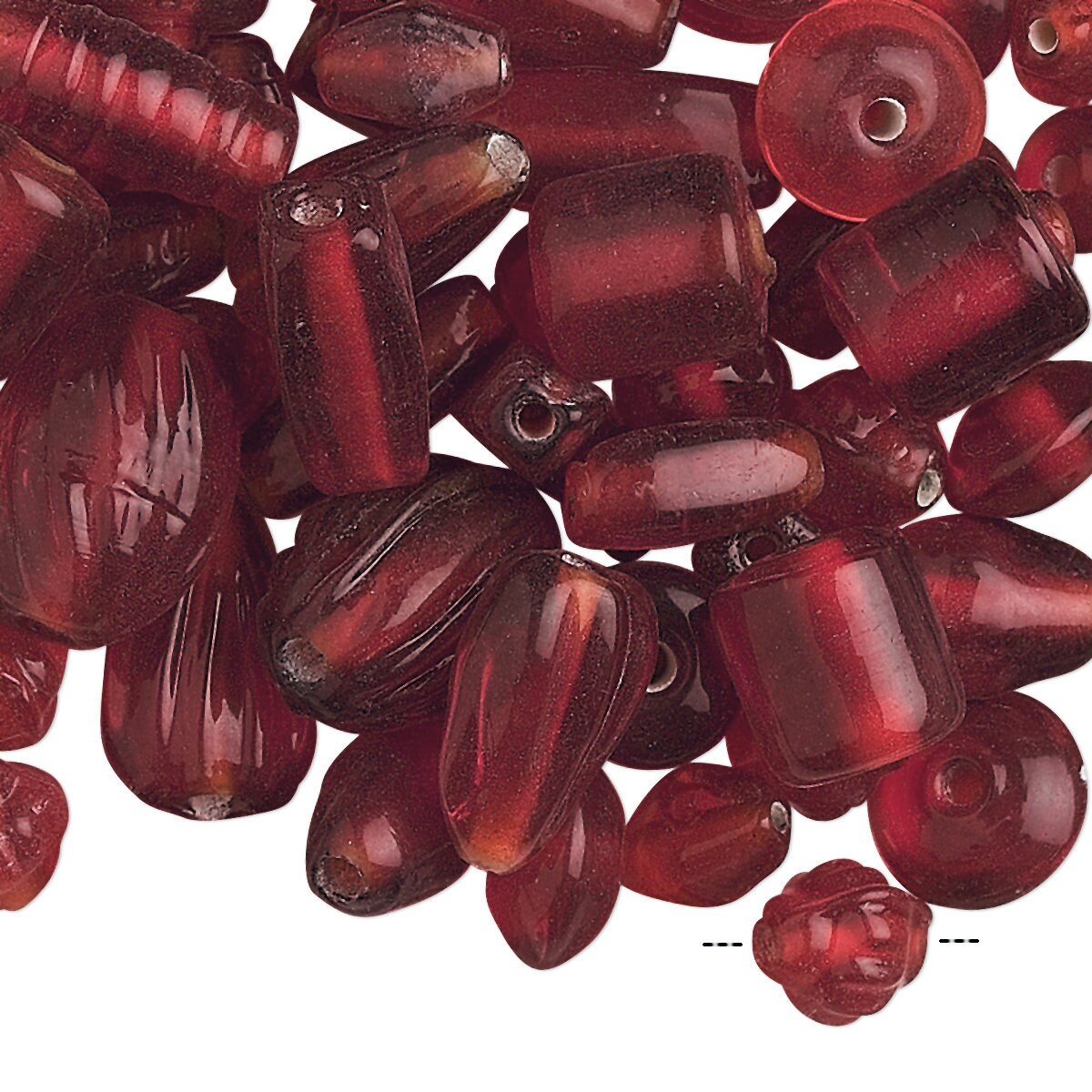 India Pressed Glass Bead Mix: Transparent Red, Assorted Shapes & Sizes (50g, ~60-100 pc)