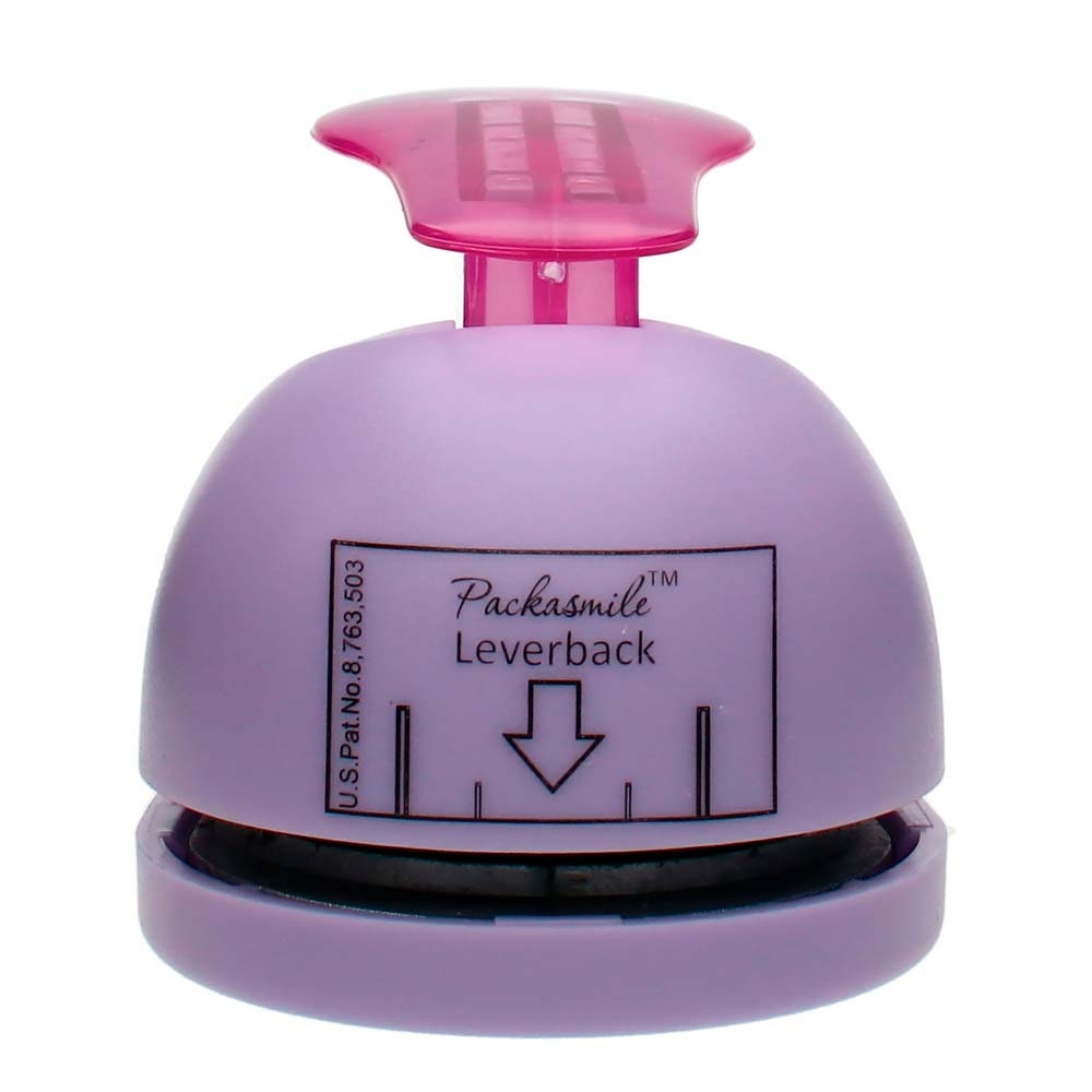 Purple and pink lever-action stamp on a white background