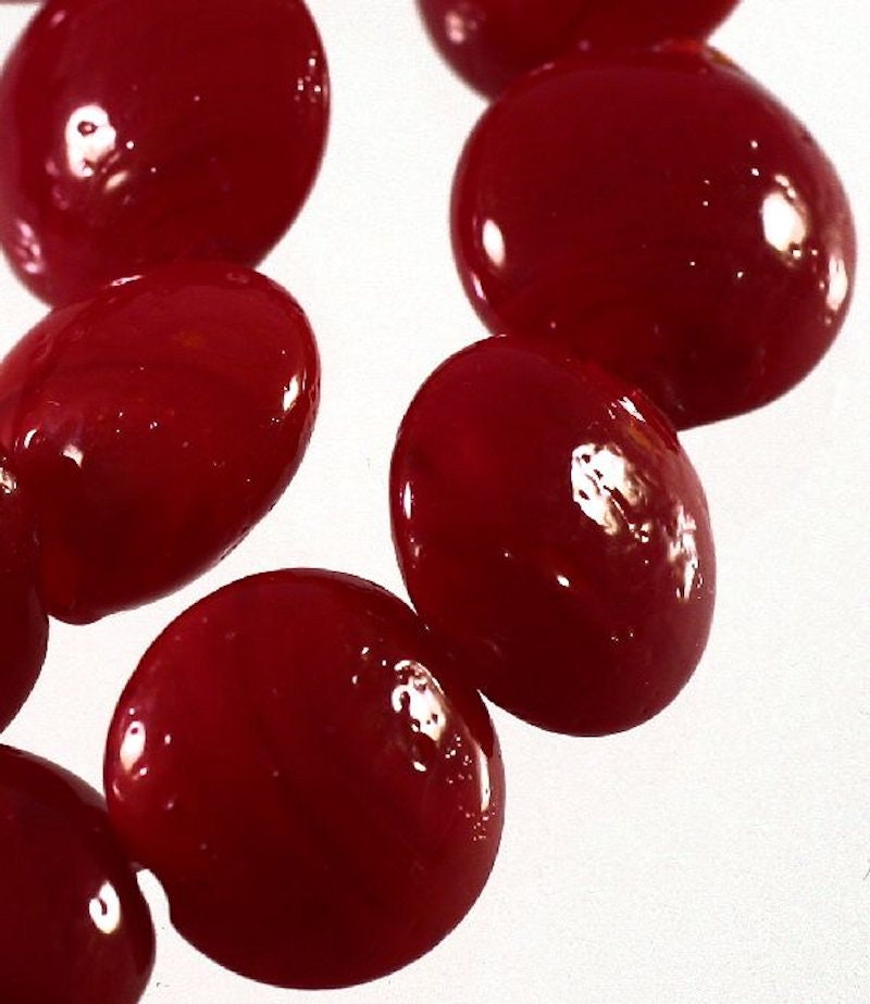 Lampwork Glass Opaque Dark Red Puffed Coin Beads 15-16mm — 1 Strand (26-28 pcs)