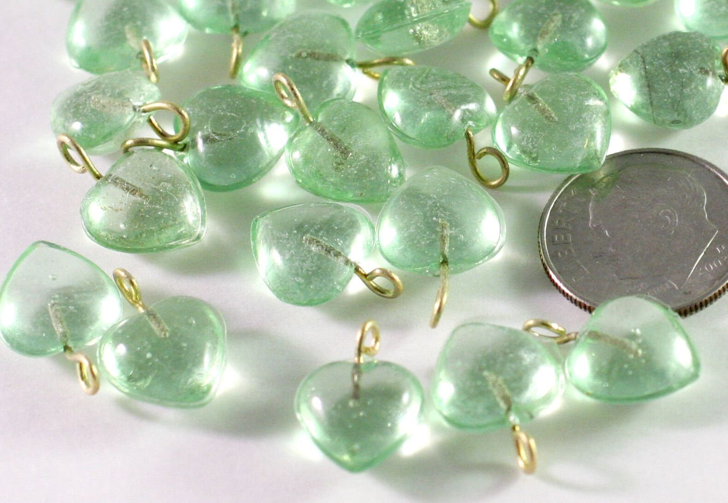 Transparent Peridot Green Glass Heart Drop Charms 10mm with Brass Loop — 100 pcs