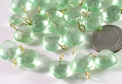 Transparent Peridot Green Glass Heart Drop Charms 10mm with Brass Loop — 100 pcs