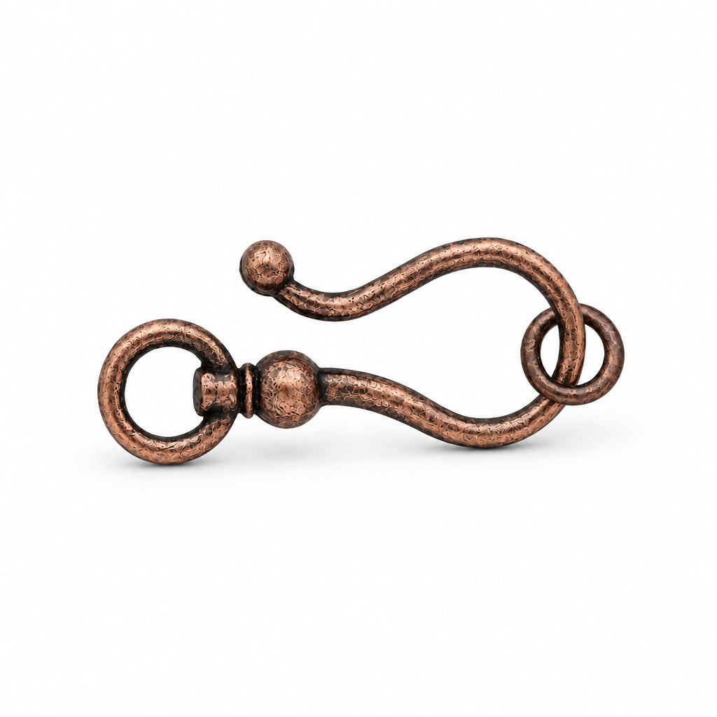  antique copper S-hook hardware pieces with attached rings and a separate matching ring, shown on a plain white background.