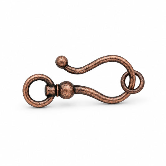  antique copper S-hook hardware pieces with attached rings and a separate matching ring, shown on a plain white background.