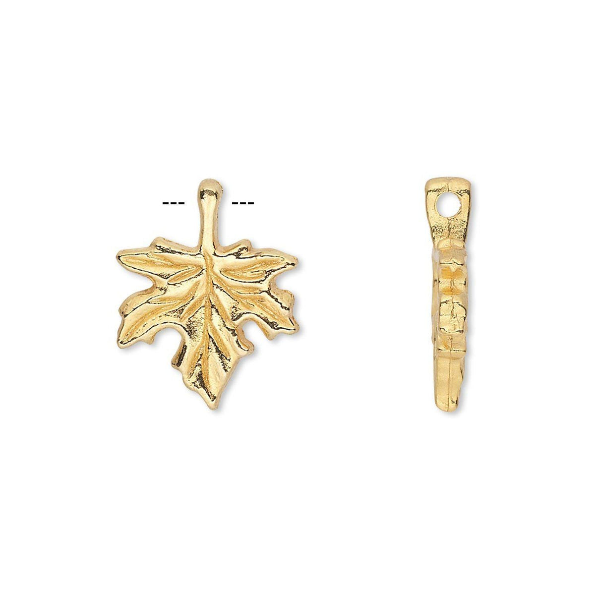 A gold leaf-shaped charm or pendant shown from two angles on a plain white background, with a dashed line indicating the top loop attachment.