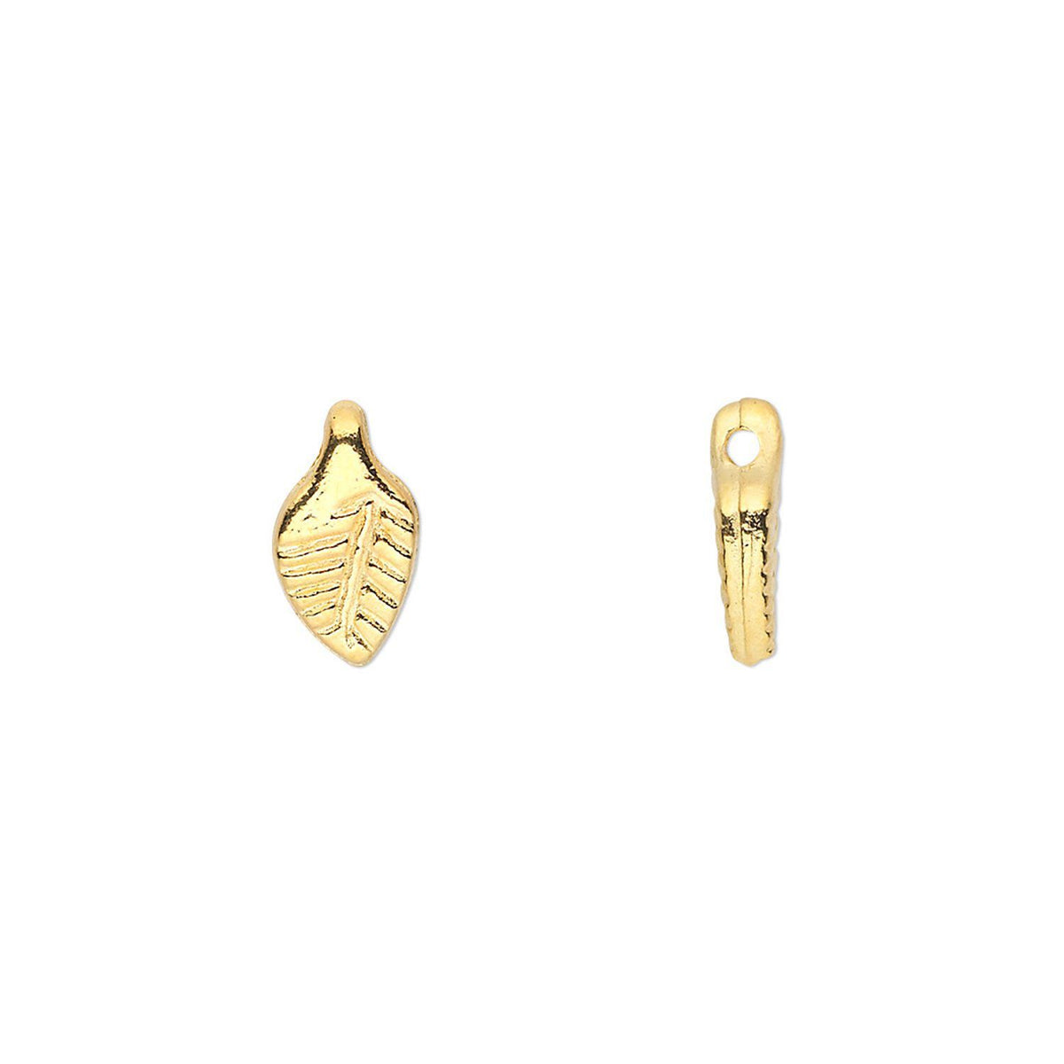 Two small gold-toned leaf-shaped jewelry charms shown on a plain white background, one front-facing and one side-facing.
