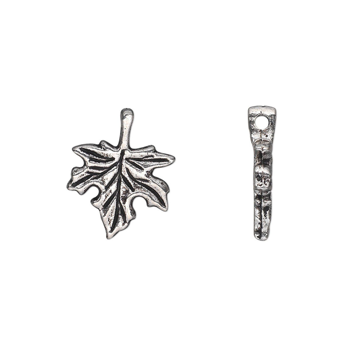 Two silver-toned metal leaf charms, one shaped like a maple leaf and the other like a smaller leaf with a loop, shown on a plain white background.