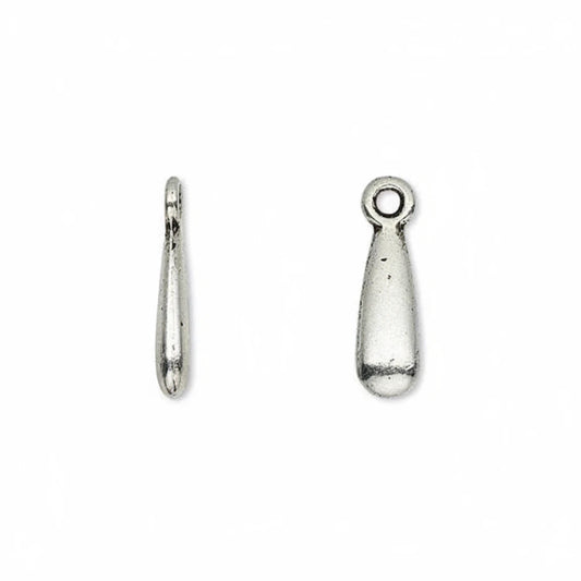Two small silver teardrop-shaped jewelry findings with loop tops, shown side by side on a plain white background.