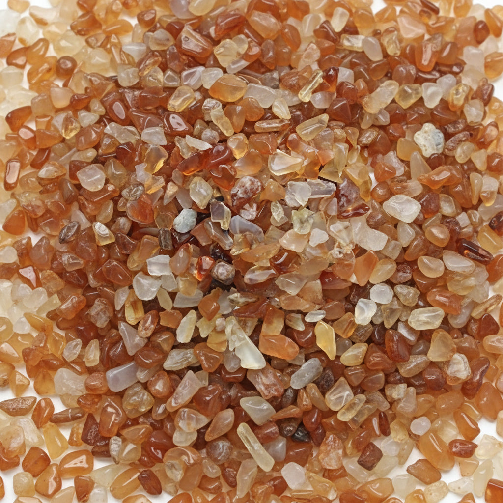 Close-up of small, multicolored stones on a white background