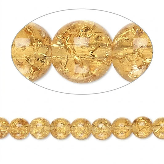 Round faceted beads with a textured gold foil crackle pattern, shown in a close-up oval detail and as a strand on a white background.