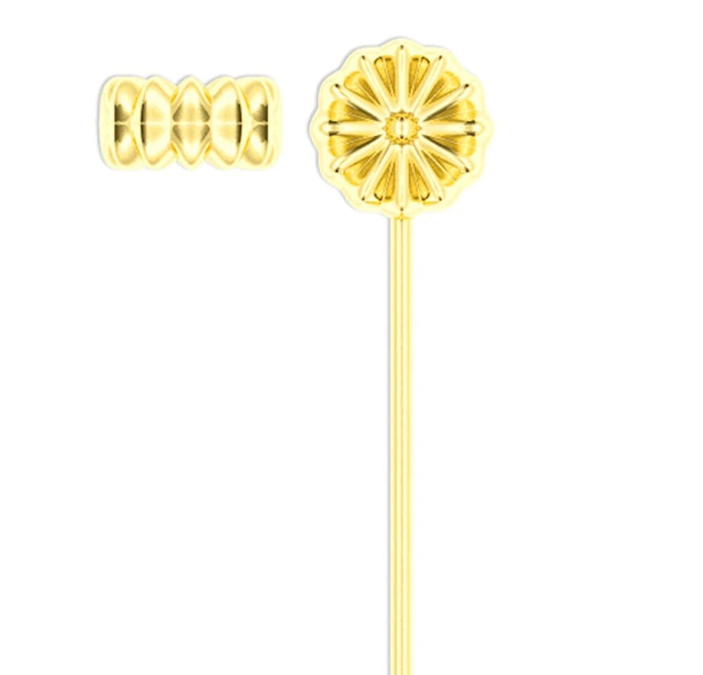 A pair of gold ear cuffs shown on a plain white background, with one cuff displaying a textured, ribbed outer band and the other showing the inner band with a flower-like, multi-petal center.