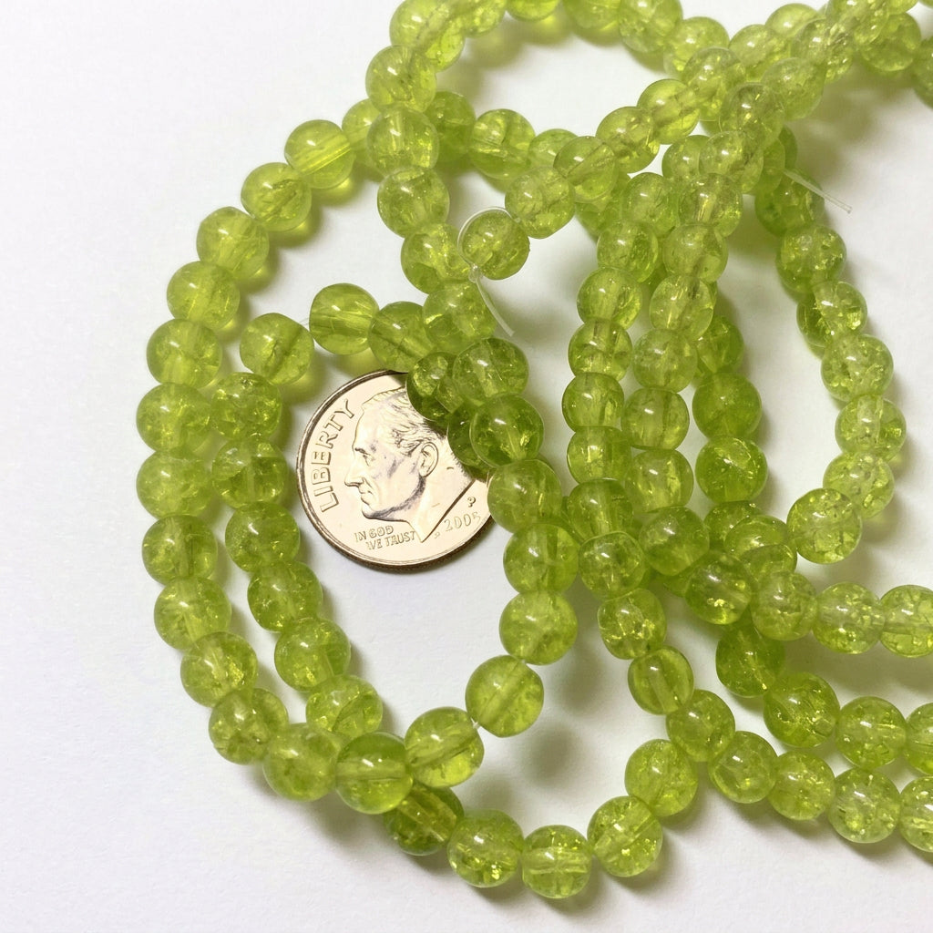 Peridot Lime Green Crackle Glass Round Beads, 5–6mm - 1 Strand