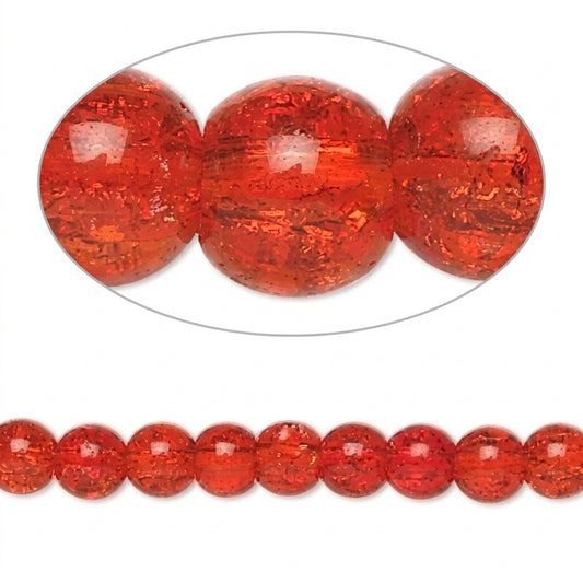 Red translucent round beads shown in a close-up oval section and as a strand on a white background.