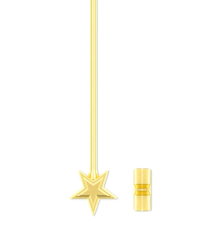 A gold-toned jewelry component set on a plain white background, featuring a five-pointed star charm suspended from a thin rod, alongside a small cylindrical cap piece.