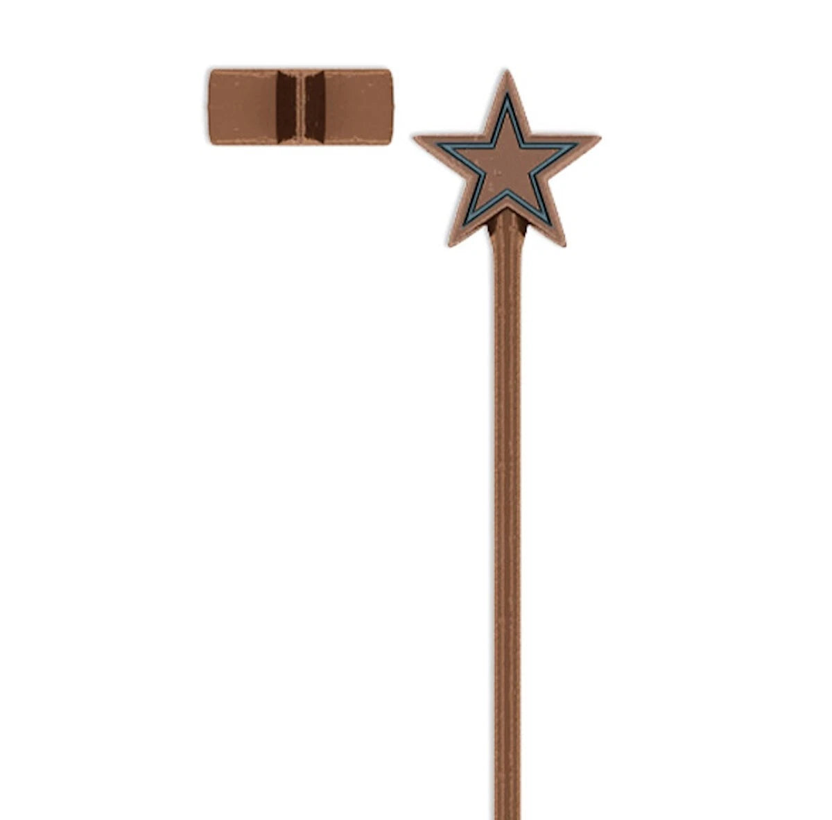 A metallic bronze-colored miniature star wand with a matching rectangular accessory piece, shown on a plain white background.