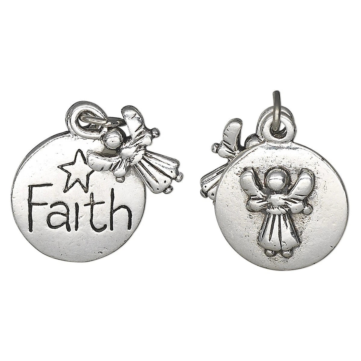 Two silver-toned round faith charms on a white background, one engraved with the word 'Faith' and a star, and the other featuring an angel design.