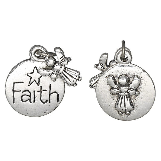 Two silver-toned round faith charms on a white background, one engraved with the word 'Faith' and a star, and the other featuring an angel design.