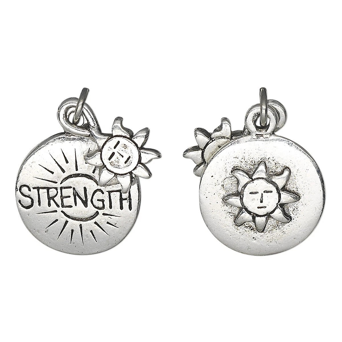 Two silver oval charm pendants on a white background, each featuring a small sun charm and engraved details including one with the word 'STRENGTH'.