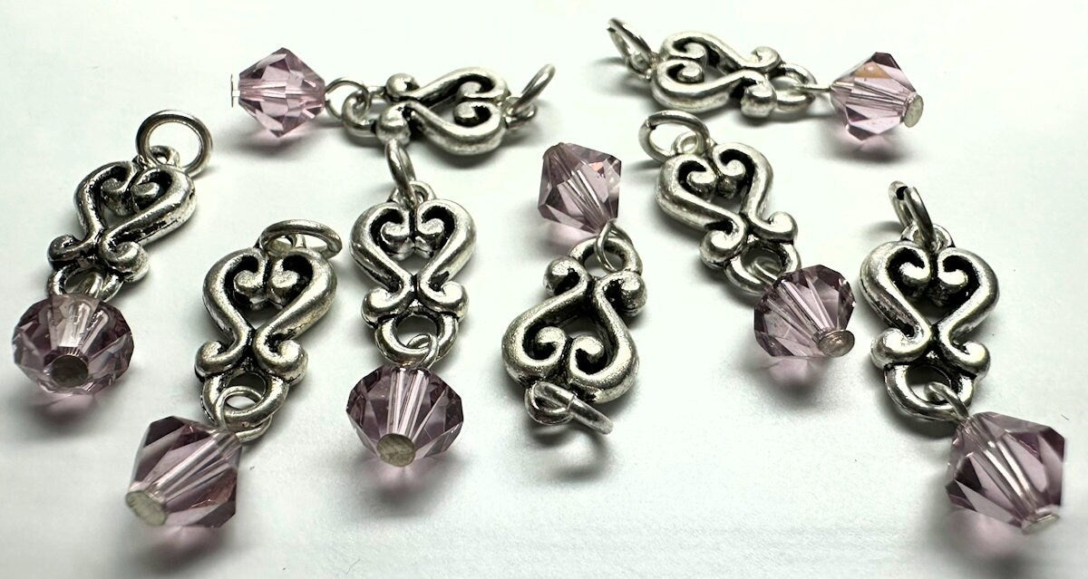 Antiqued Silver Pewter Heart Dangles with Amethyst Purple Swarovski Crystal 26x8mm — 8 pcs