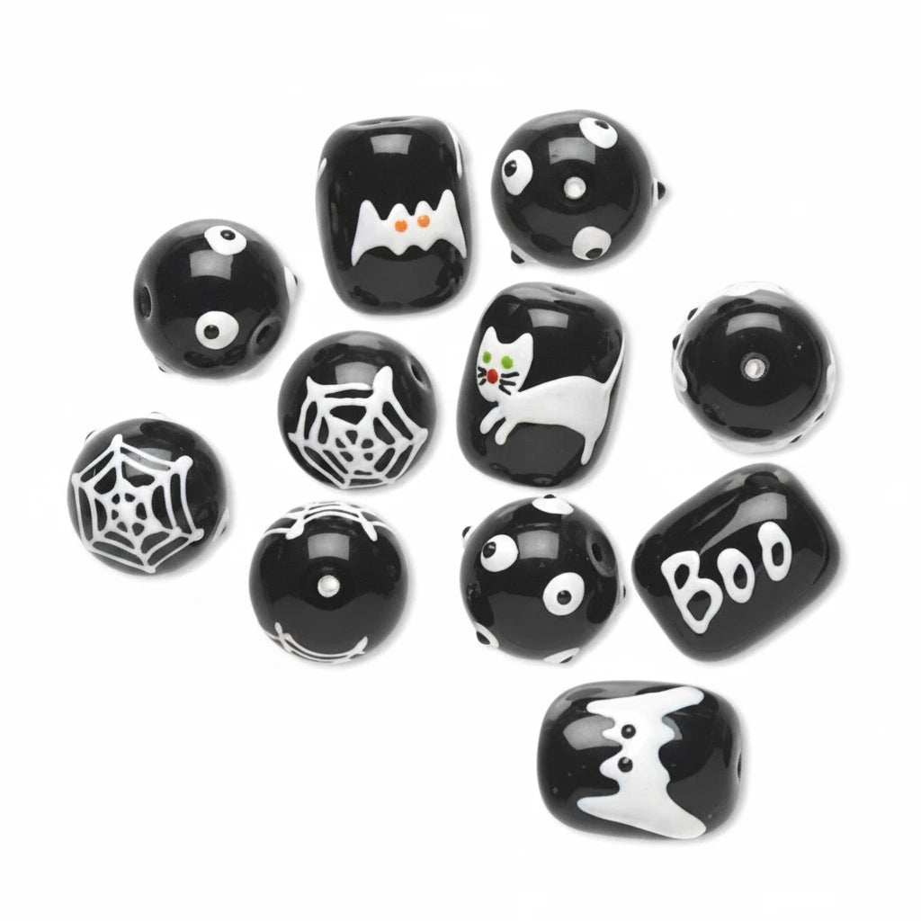 Halloween Hand Painted Epoxy Glass Bead Mix, Black & White - 10 pcs