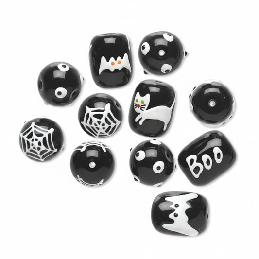 Halloween Hand Painted Epoxy Glass Bead Mix, Black & White - 10 pcs