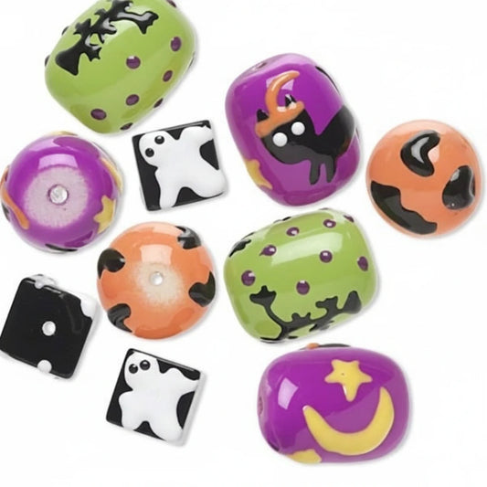 Halloween Hand Painted Epoxy Glass Bead Mix, Purple, Green & Orange - 10 pcs