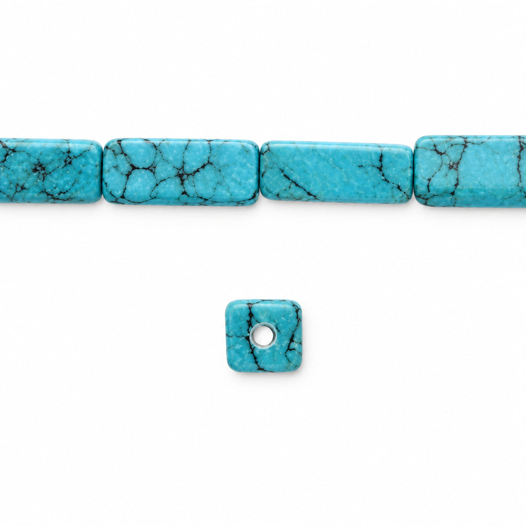 Turquoise rectangular beads with a natural marbled pattern, shown with one small square bead featuring a central hole, on a plain white background.