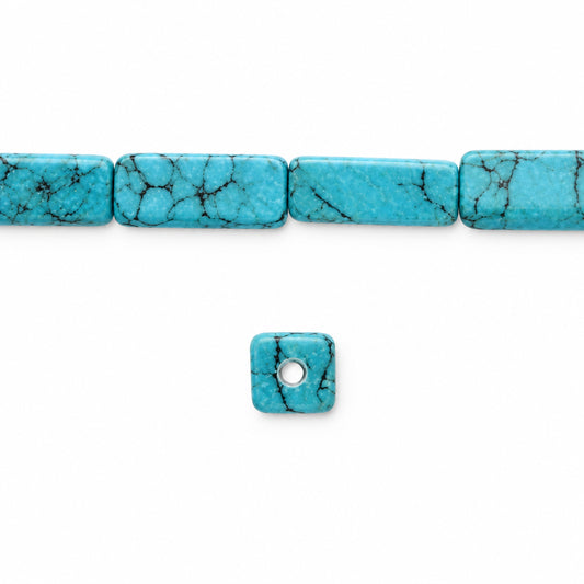 Turquoise rectangular beads with a natural marbled pattern, shown with one small square bead featuring a central hole, on a plain white background.