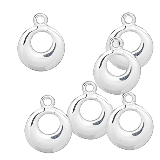 Five polished silver crescent-shaped jewelry findings with top loops, arranged on a solid dark gray background.