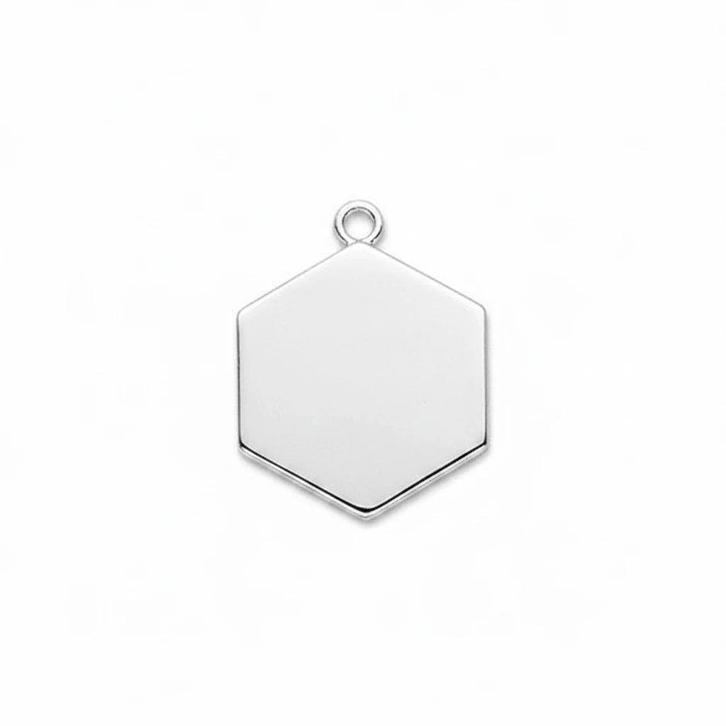 A silver hexagonal metal charm with a small top loop, shown on a plain white background.