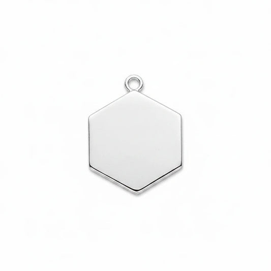 A silver hexagonal metal charm with a small top loop, shown on a plain white background.