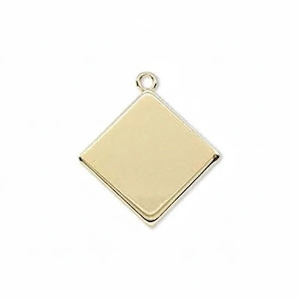 A plain, diamond-shaped gold charm with a small top loop, shown on a solid white background.