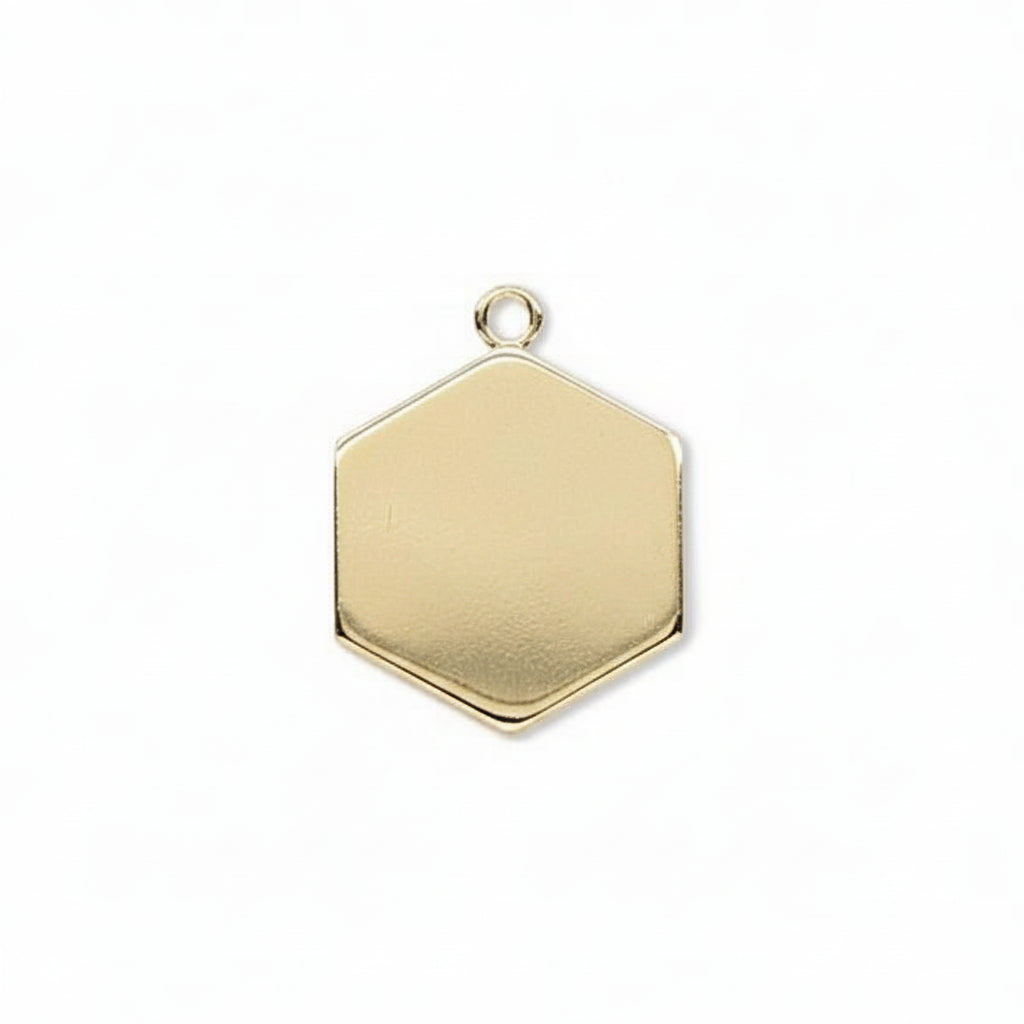 A gold hexagonal pendant charm with a small top loop, shown on a plain white background.