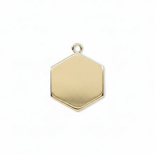 A gold hexagonal pendant charm with a small top loop, shown on a plain white background.