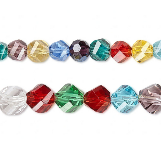 Two strands of faceted glass beads in various colors, including red, green, blue, yellow, purple, and clear, arranged horizontally on a white background.